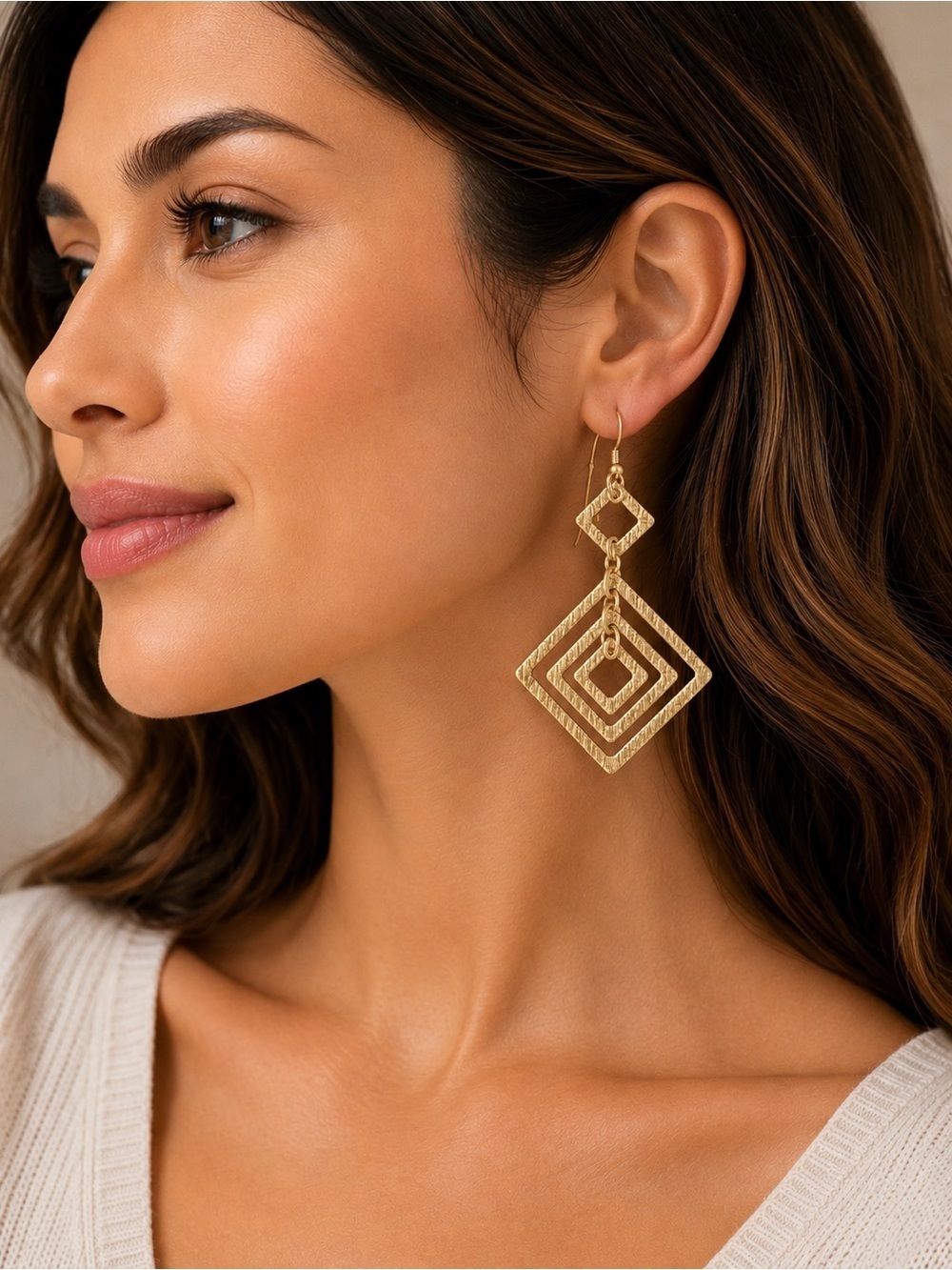 Boho Artsy Funky Unique Diamond Shape Brushed Gold Tone Dangle Earrings